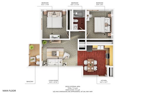 A floor plan of a house with three bedrooms, a living room, a kitchen, and a balcony.